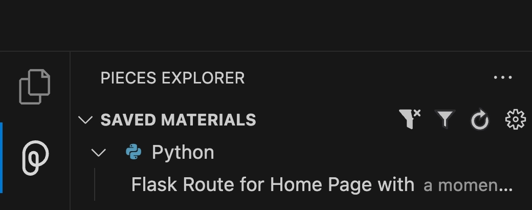 A screenshot of the Pieces explorer in VS Code showing a python snippet